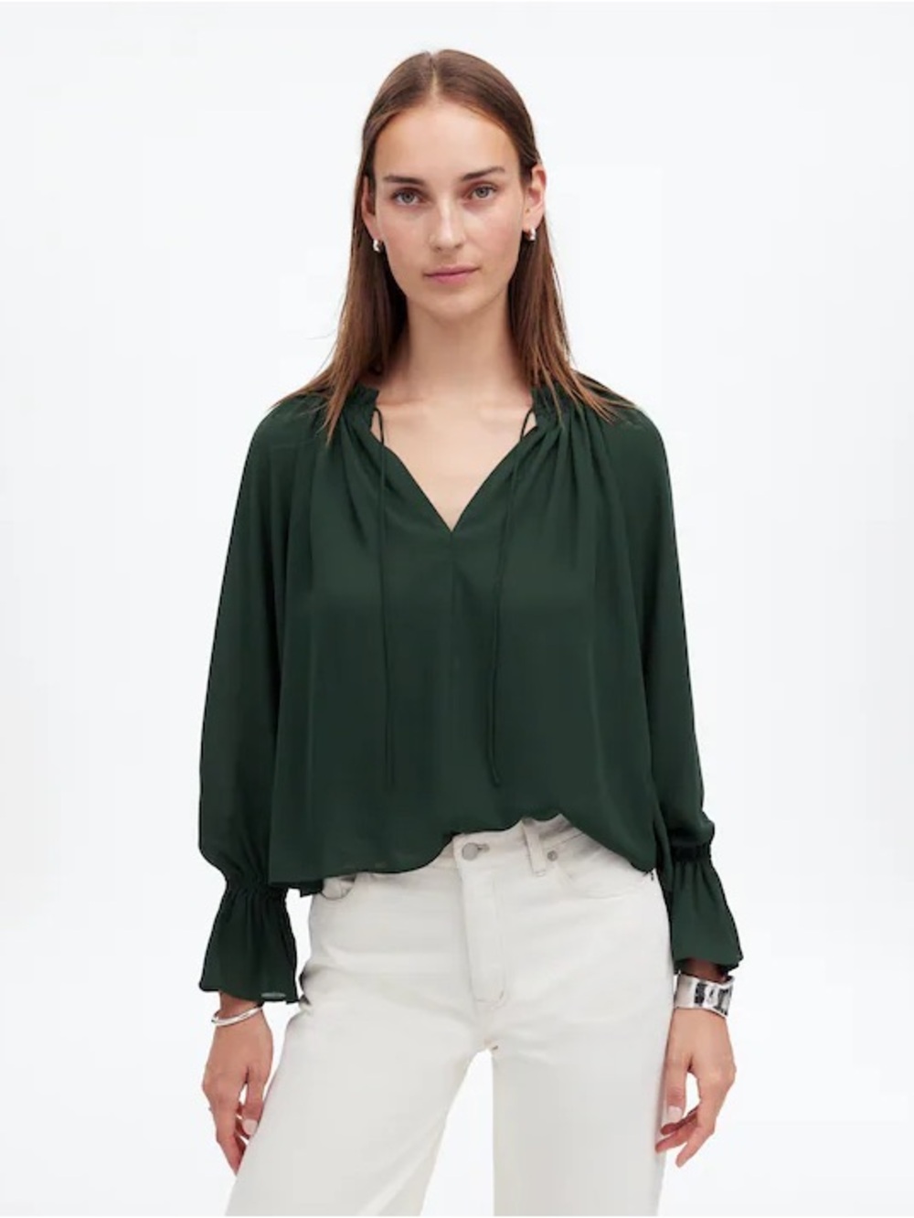 MADEWELL Long Sleeve Tie Neck Blouse Luxury Forest ~ XS
